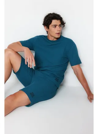 Men's Petrol Regular Fit Textured Knitted Pajamas Set 