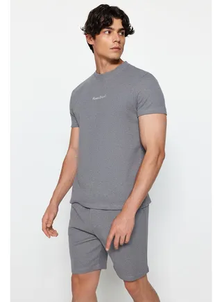 Anthracite Men's Regular Fit Crew Neck Embroidered Knitted Waffle Pajamas Set 