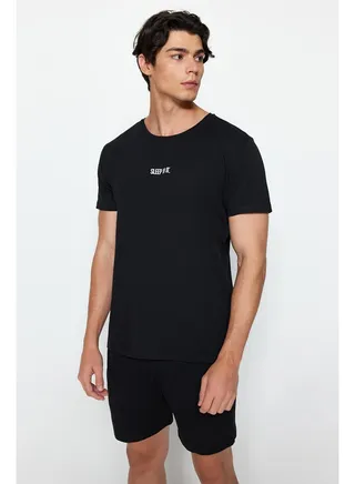 Men's Black Regular Fit Knitted Pajamas Set 