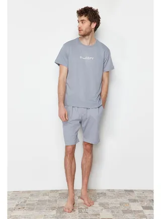 Gray Men's Printed Regular Fit Knitted Pajamas Set 