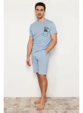 Blue Men's Printed Regular Fit Knitted Pajamas Set 