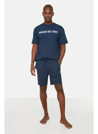 Men's Navy Blue Regular Fit Printed Pajamas Set 