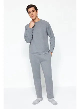 Men's Dark Gray Regular Fit Knitted Pajamas Set 