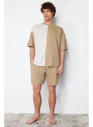 Men's Beige Color Blocked Oversize Printed Knitted Pajamas Set 
