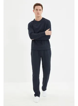 Navy Blue Men's Regular Fit Pajamas Set 