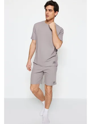 Men's Gray Regular Fit Knitted Pajamas Set 