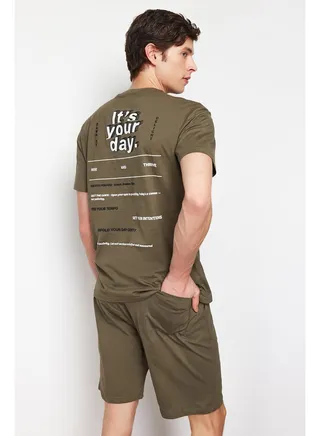 Khaki Men's Printed Regular Fit Knitted Pajamas Set 