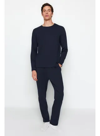 Men's Navy Blue Regular Fit Knitted Pajamas Set 