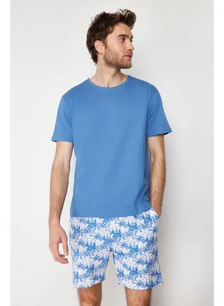 Blue Men's Regular Fit Palm Printed Pajama Set 