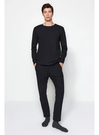 Men's Black Regular Fit Waffle Knitted Pajamas Set 