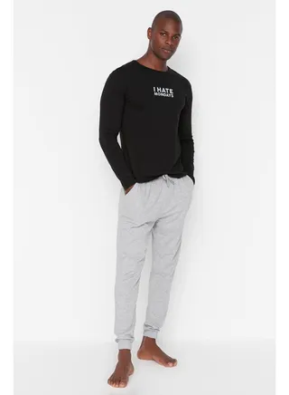 Men's Black Slogan Printed Regular Fit Knitted Pajamas Set 