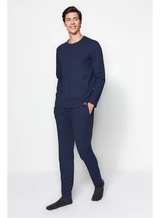 Men's Indigo Regular Fit Waffle Knitted Pajamas Set 