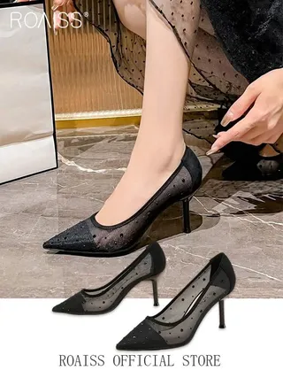 Sheer Mesh Stiletto Heeled Court Pumps for Women Ladies Fashionable shoes for Women Point Toe Rhinestone Decor PU Leather Elegants Shoes 