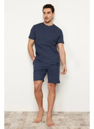 Men's Indigo Regular Fit Waffle Knitted Pajamas Set 