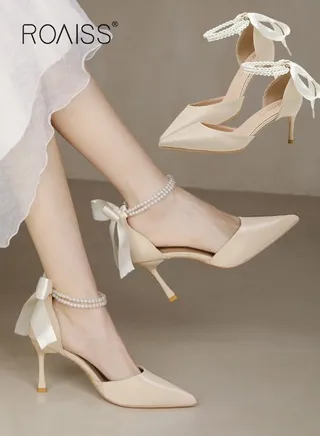 Pearl Lace-Up High Heels Sandals for Women and Ladies Luxury Shoes New Arrival Wedding Bridal Shoes Bridesmaid Shoes Fine Heels 