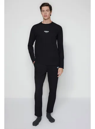 Men's Black Regular Fit Printed Waffle Knitted Pajamas Set. 