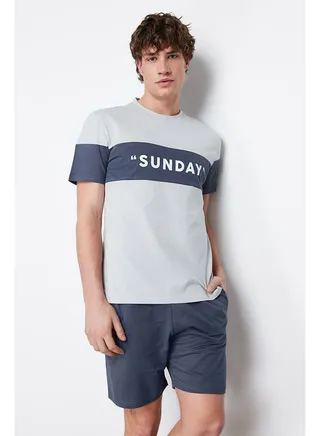 Men's Gray Regular Fit Slogan Printed Knitted Pajamas Set 