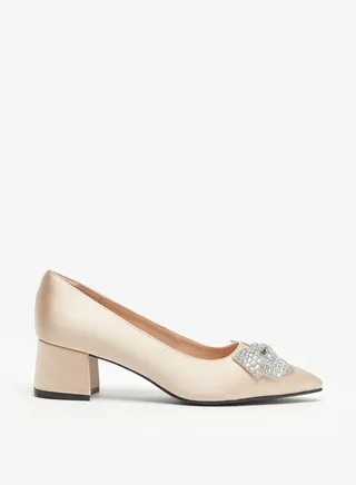 Women's Bow Embellished Pointed Toe Pumps with Block Heels 