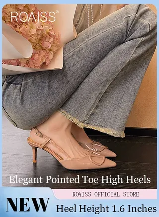 Womens Slingback Pumps Pointed Toe Low Heel Patent with Resin Buckle Women's Stiletto High Heels French Sandals 