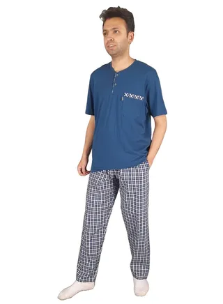 Men Summer Pajama Set Half Sleeve & Carreaux Bottom - Blue 