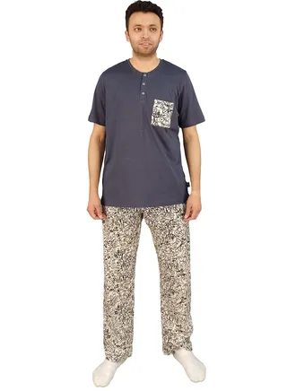 Men Summer Pajama Set Plain Top & Printed Bottom-Beige*Grey 