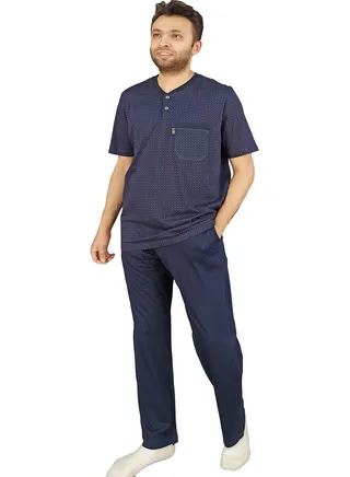 Men Summer Pajama Set Printed Top & Plain Bottom - Navy Blue 