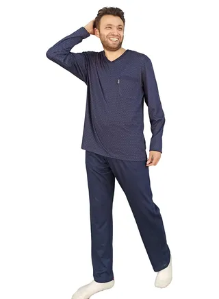 Men Summer Pajama Set Printed Top & Plain Bottom - Navy Blue 