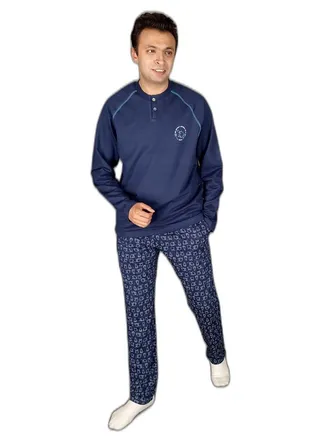 "Men Winter Pajama Set Long Sleeve & Long Pants - Navy Blue 