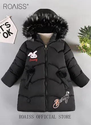 Children's Soft and Skin-Friendly Mid-Length Winter Coat with Fleece and Fur Collar—Solid Color Down Jacket with Simple Design and Zip Featuring Cartoon Pattern 