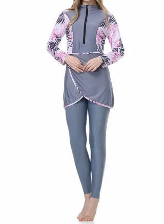 Stylish Three-Piece Muslim Swimsuit with Chest Pad - Gray Pink 