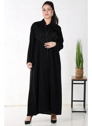 Black abaya decorated with floral fabric at the chest and white threads 