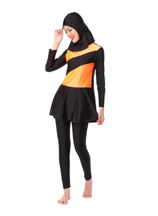 2 Pieces Connected Hijab Arab Swimwear Burkinis Orange/Black 