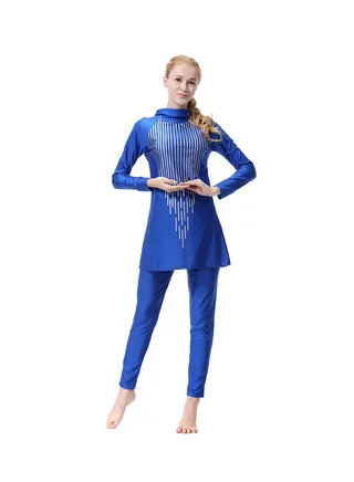 Solid Long Sleeve Hooded Three Piece Burkinis Blue 