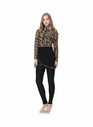 3-Piece Full-Coverage Modest Printed Swimsuit Burkini Black 