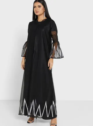Puff Sleeve Abaya With Embellishment & Sheila 