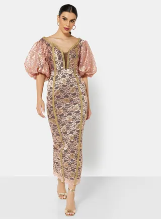 Off Shoulder Metallic Lace Dress Pink 