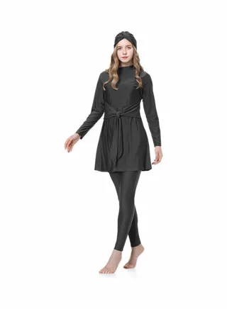 Traditional Muslim Sun Protection Waist-Tie Swim Burkinis Black 