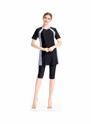 3-Piece Short Sleeve Contrast Swimsuit Set With Cap Black 