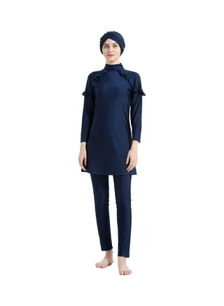 Arab Islamic Full Length Solid Color Swimwear Set Dark Blue 