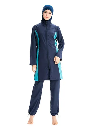 Muslim Casual Zipper Closure Contrast Swimwear Set Blue 