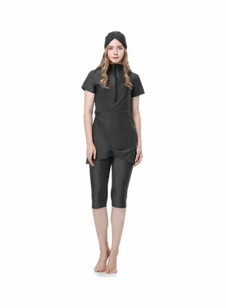 Classic Simple Design Short Sleeve Burkini Swimsuits Black 