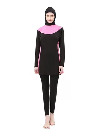 Plus Conservative Block Hooded Burkini Black/Pink 