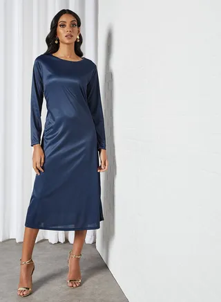 Basic Maxi Dress With Waist Tie Blue 