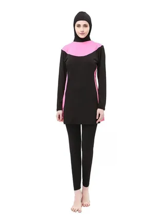 Plus Conservative Block Hooded Burkini Black/Pink 