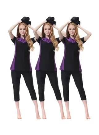 3-Piece Short Sleeves Burkini Black/Purple 