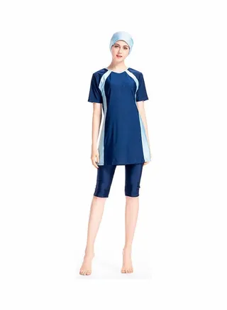 Short Sleeve 3-Piece Contrast Swimwear Set With Cap 