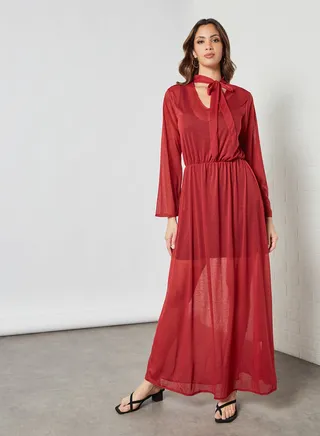Tie-Up Neck Sheer Dress Red 