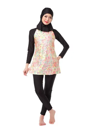 Printed Design Long Sleeves Three Piece Burkinis Black 