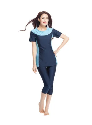 2-Piece Nylon Round Neck Burkini Set Navy Blue 