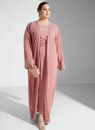 Shimmer Detail Abaya With Inner & Sheila 
